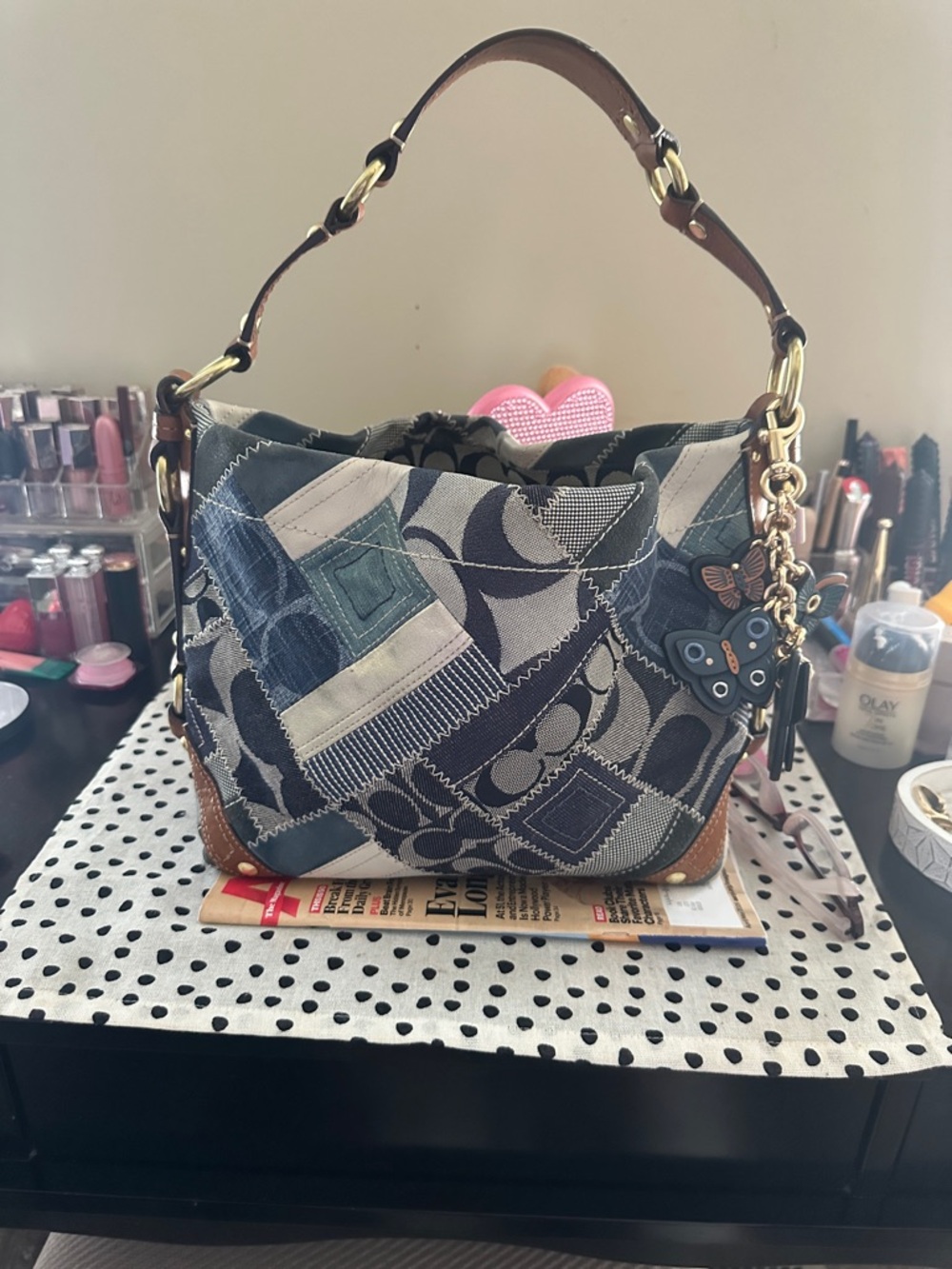 Coach Patchwork Blue Pattern Shoulder Bag with Leather Trim